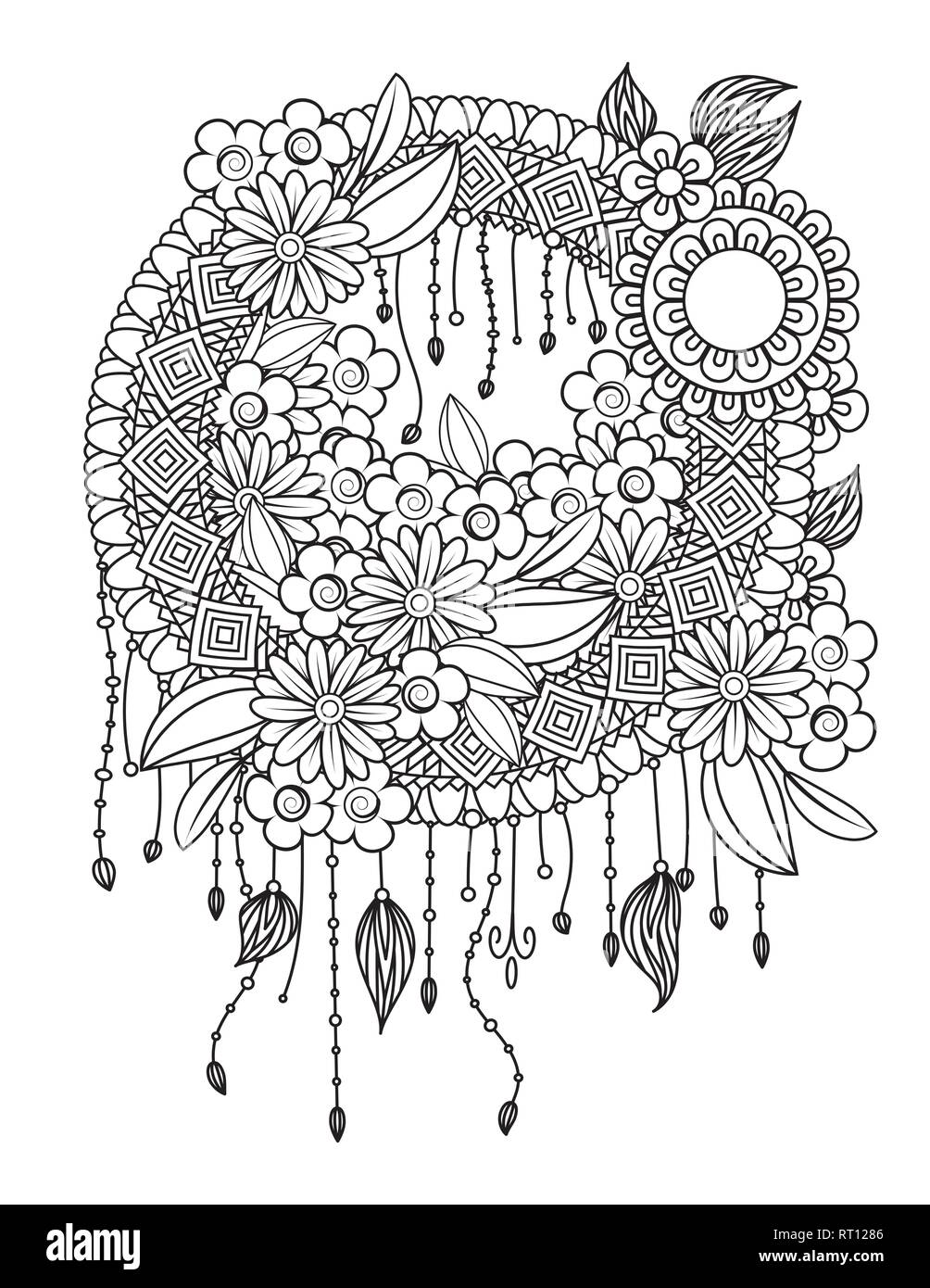 Adult coloring page with dreamcatcher with feathers and flowers native american indian talisman black and white doodle ornament isolated on white background stock vector image art