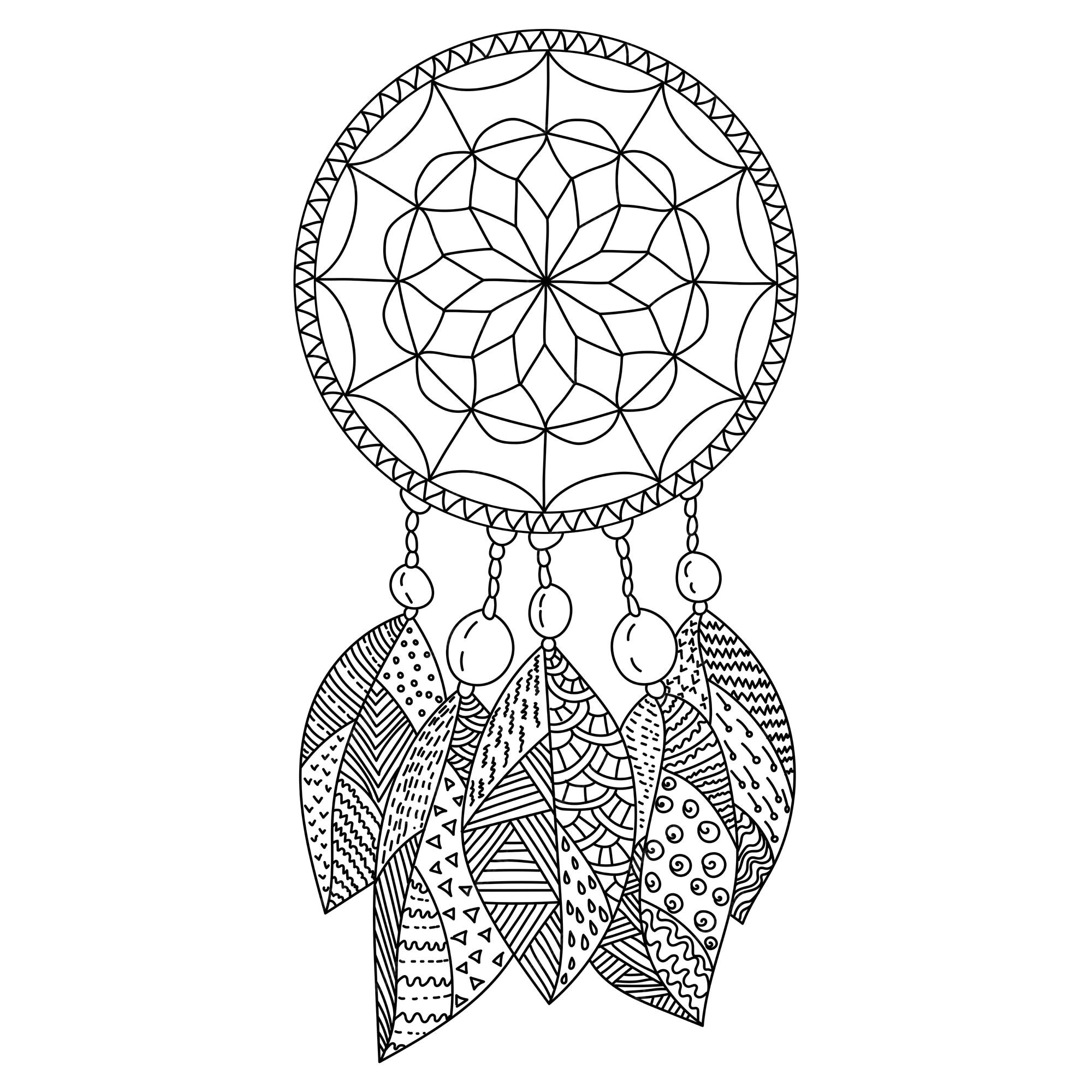 Premium vector dreamcatcher coloring page amulet with five patterned zen feathers and large beads