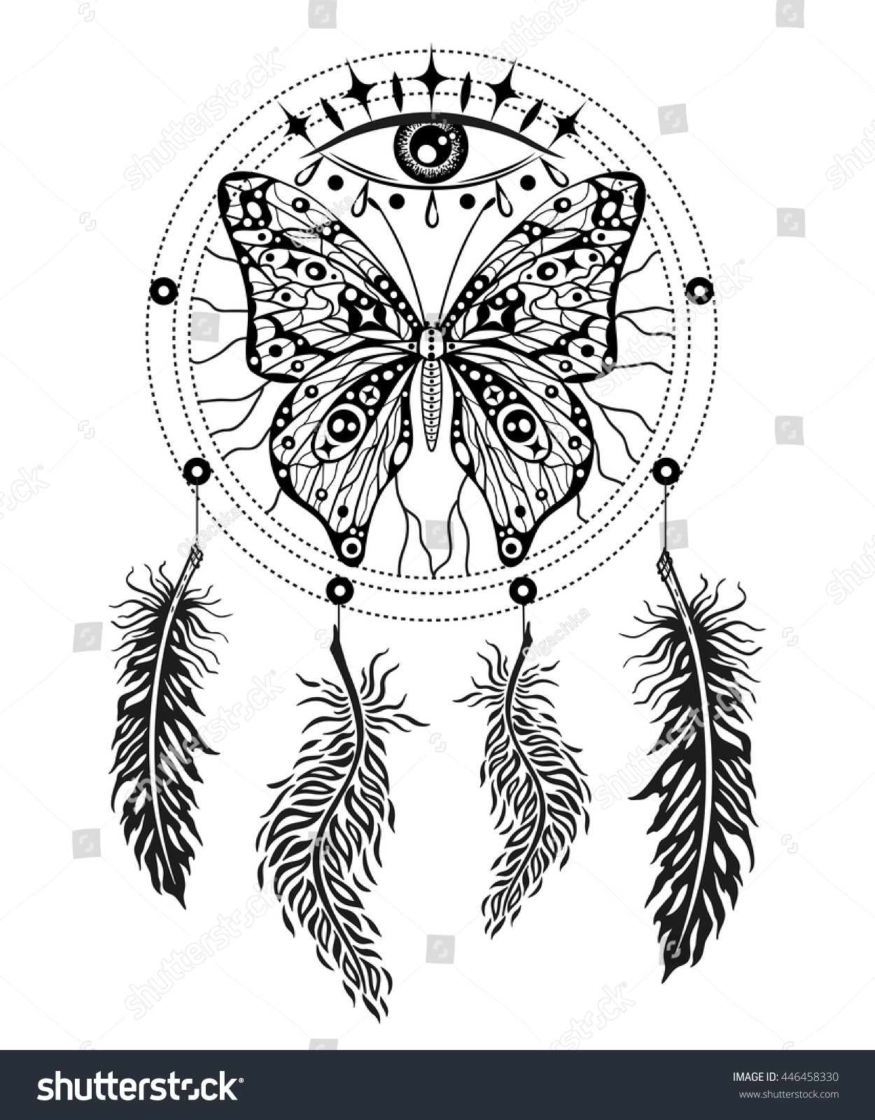 Hand drawn dreamcatcher feathers butterfly allseeing stock vector royalty free