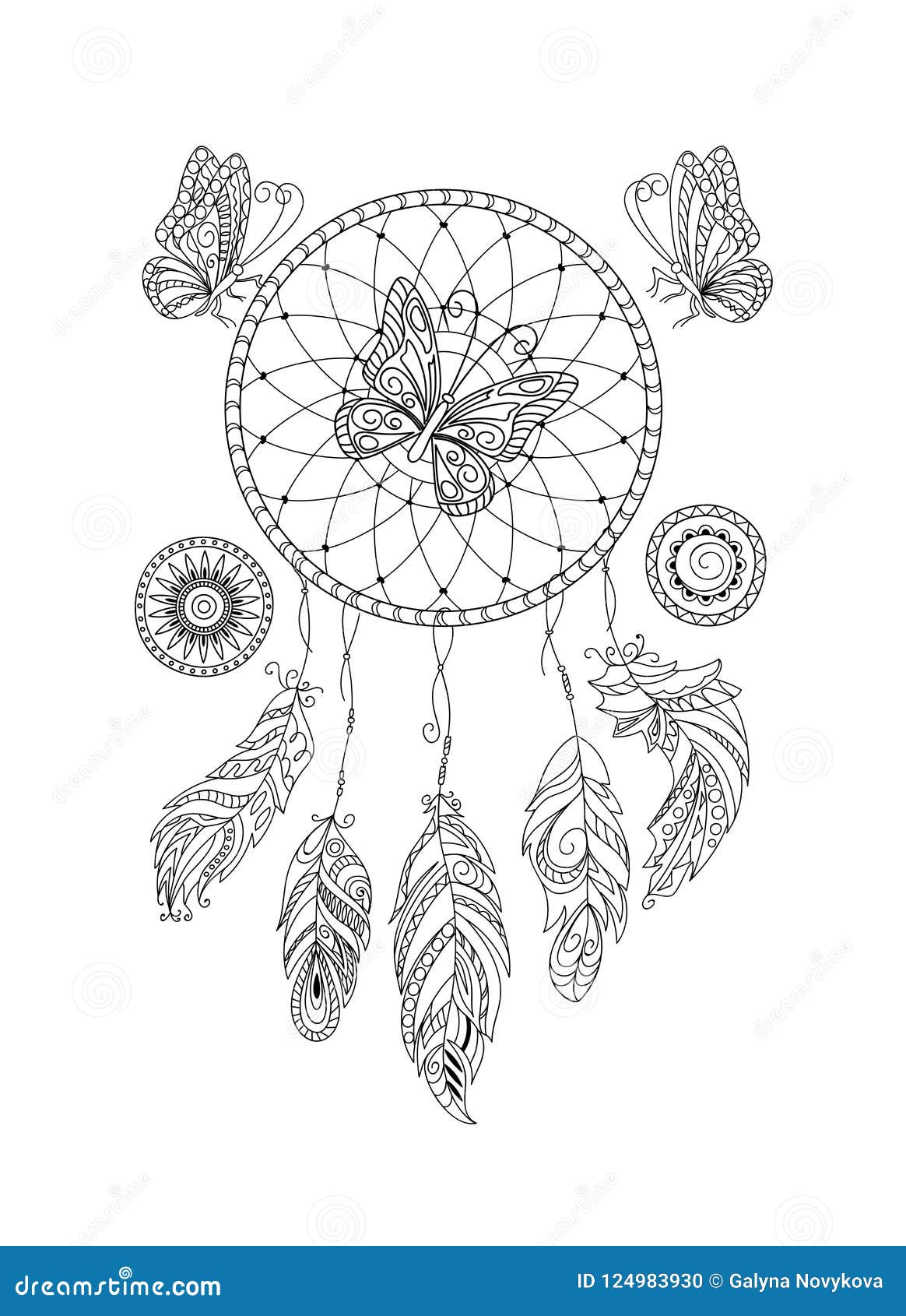 Black and white ornamental dreamcatcher and butterfies for adul stock vector