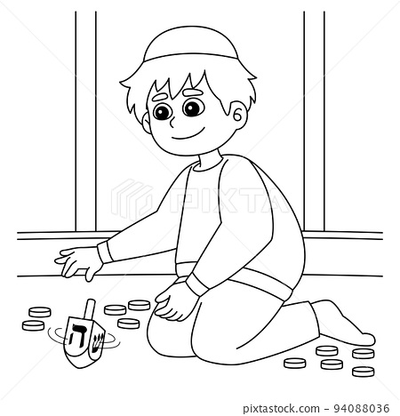 Hanukkah boy playing dreidel coloring page