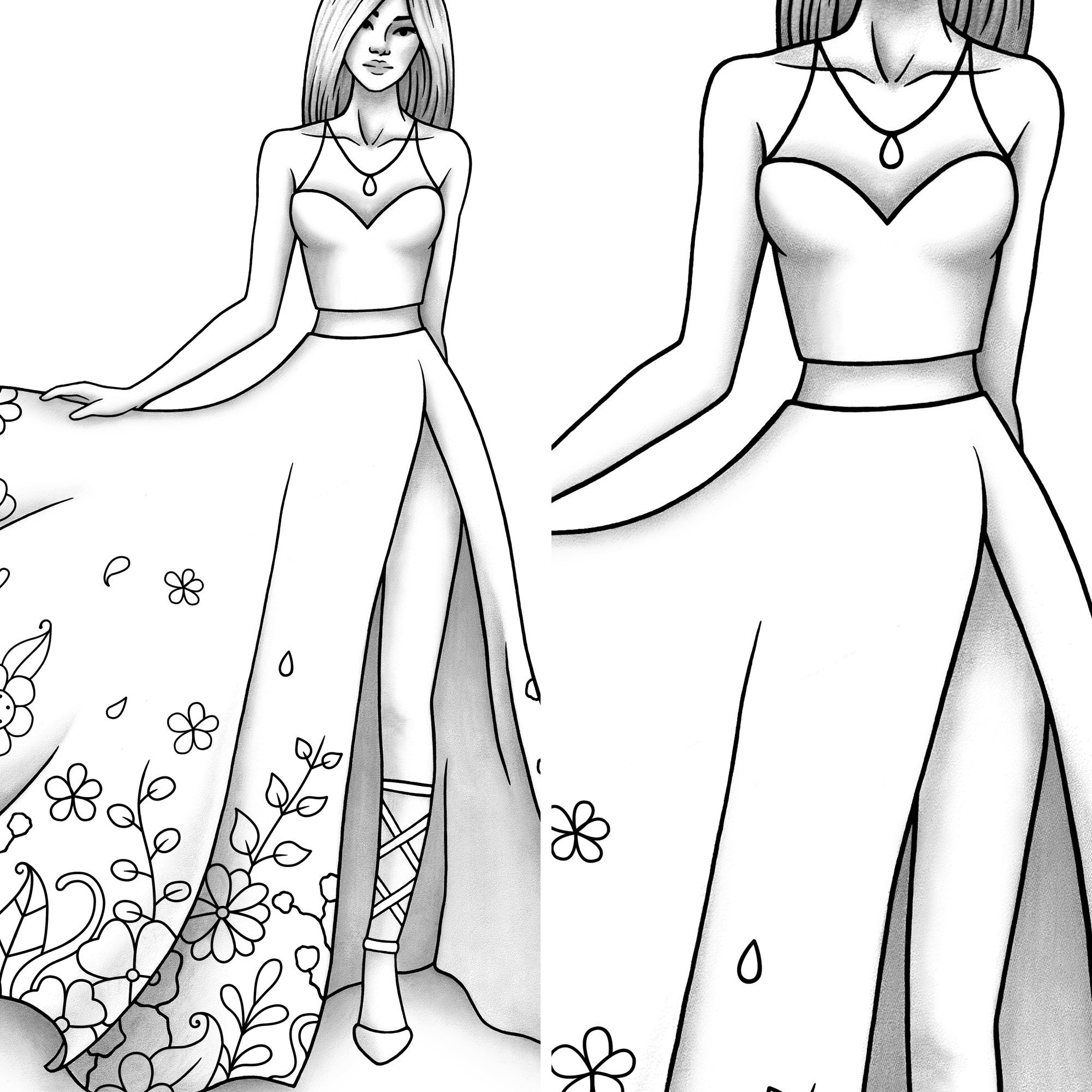 Printable coloring page fashion and clothes colouring sheet model grayscale pdf adult girls relaxing zentangle line art