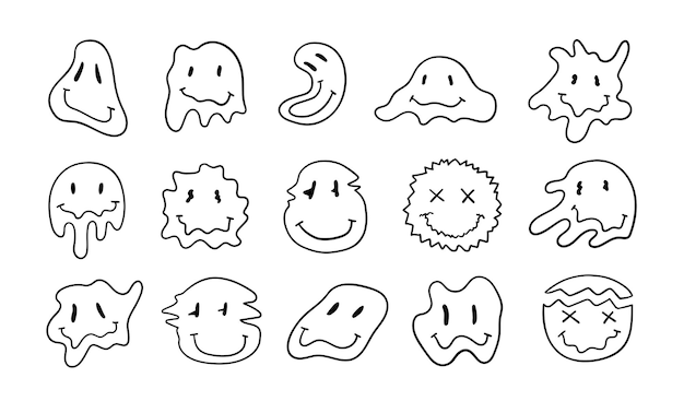 Premium vector psychedelic retro smiley set crazy and dripping character faces in sketch style vector line illustration