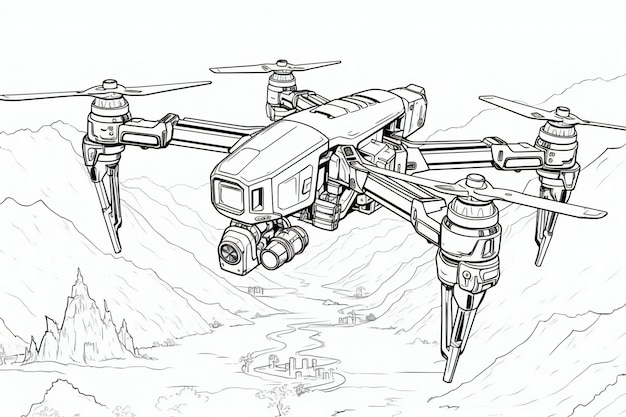 Premium ai image drone flying in the mountains sketch graphics monochrome