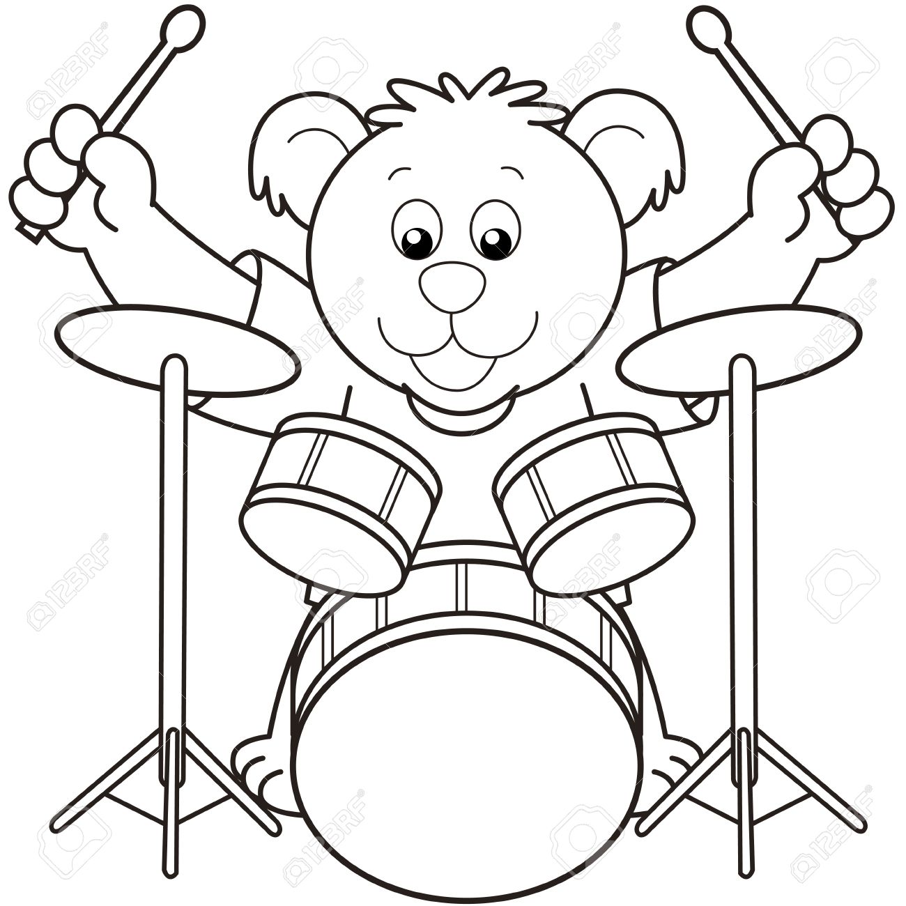 Coloring pages bear playing drums black and white