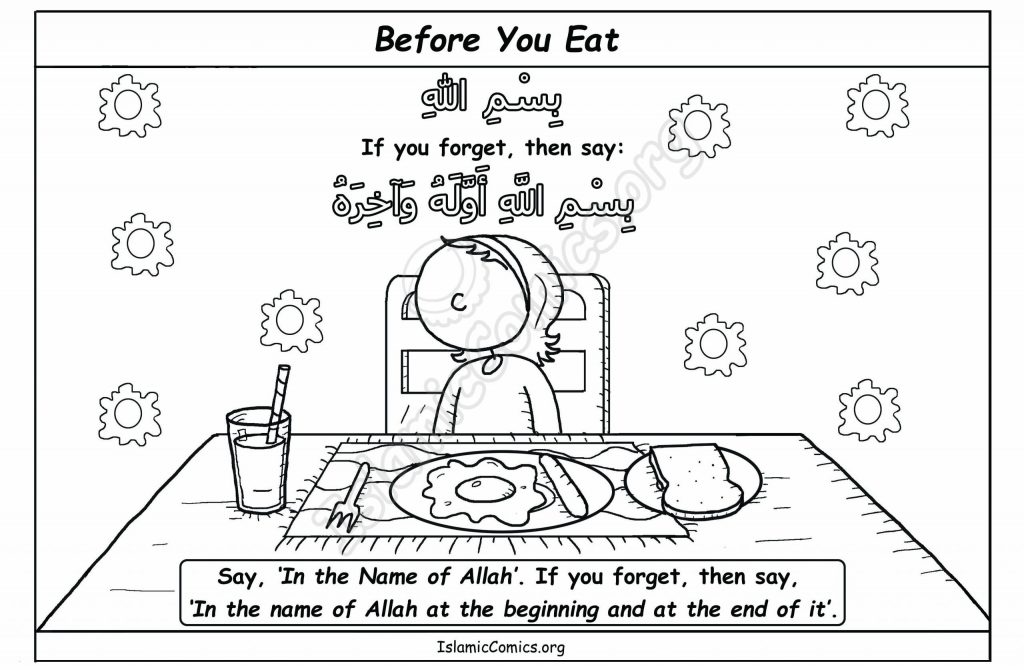 Duaa before eating â islamic coloring page â islamic comics