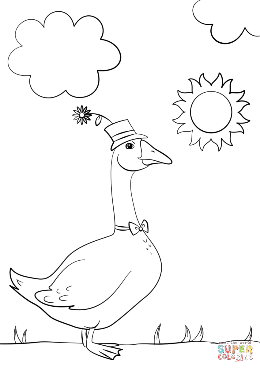 Cartoon goose wearing hat and bow tie coloring page free printable coloring pages