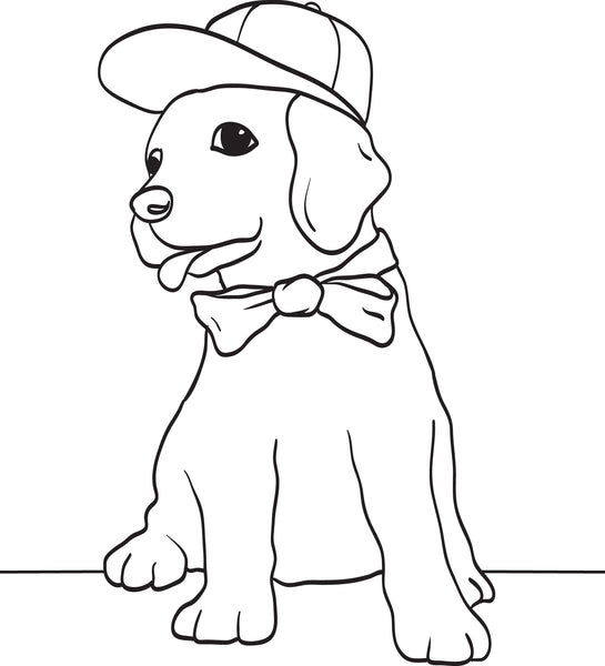 Printable puppy dog wearing a baseball cap and bow tie coloring page â