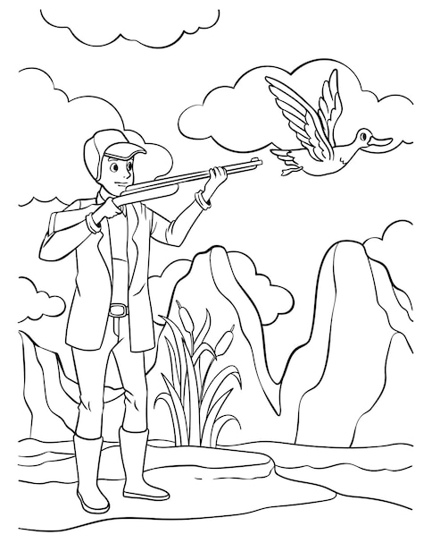 Premium vector duck hunting coloring page for kids