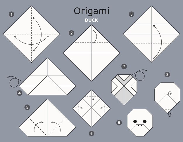 Premium vector tutorial duck origami scheme isolated origami elements on grey backdrop origami for kids