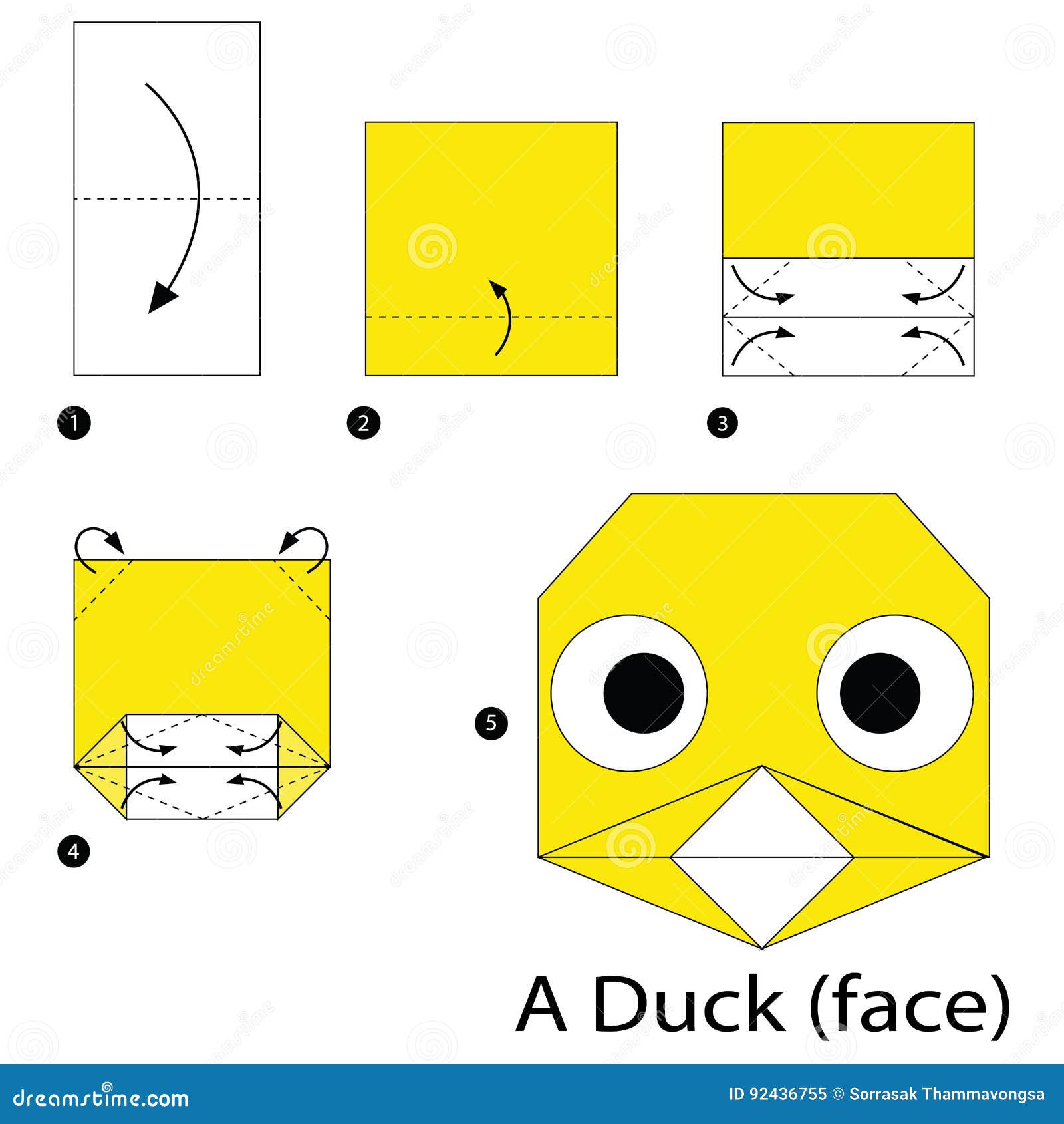 Step by step instructions how to make origami a duck face stock vector