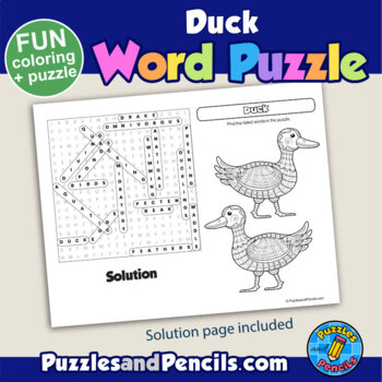 Duck word search puzzle and coloring activity page by puzzles and pencils