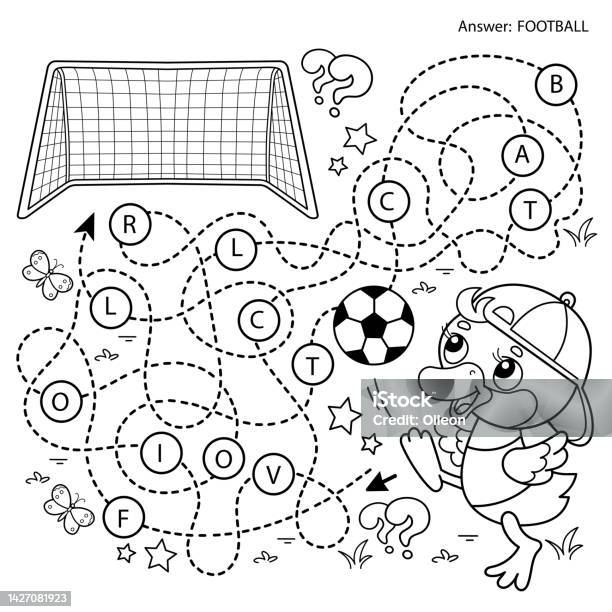 Maze or labyrinth game puzzle tangled road coloring page outline of cartoon duck or duckling with soccer ball football sport coloring book for kids stock illustration