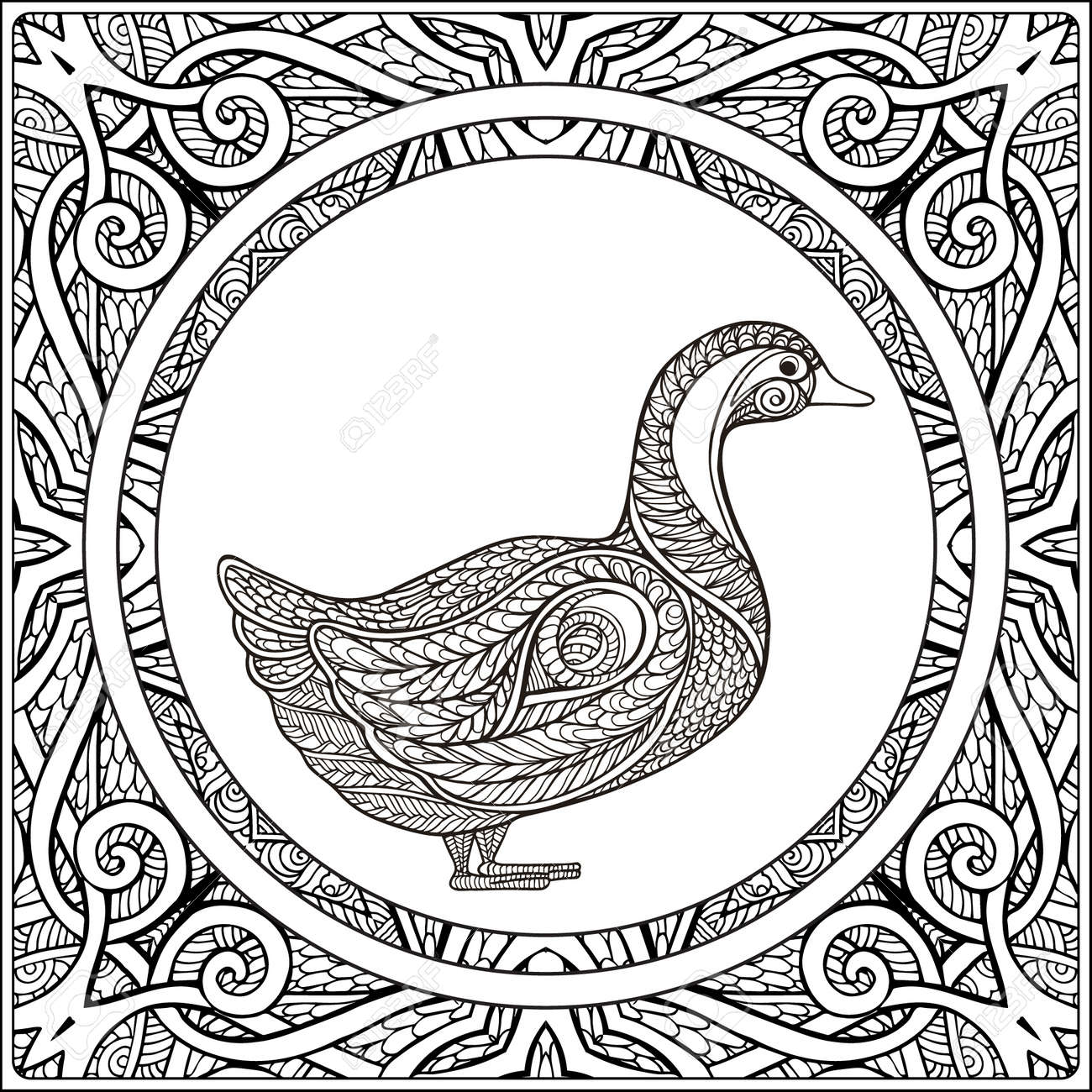 Duck on pattern background coloring book for adult and older children coloring page outline drawing vector illustration royalty free svg cliparts vectors and stock illustration image