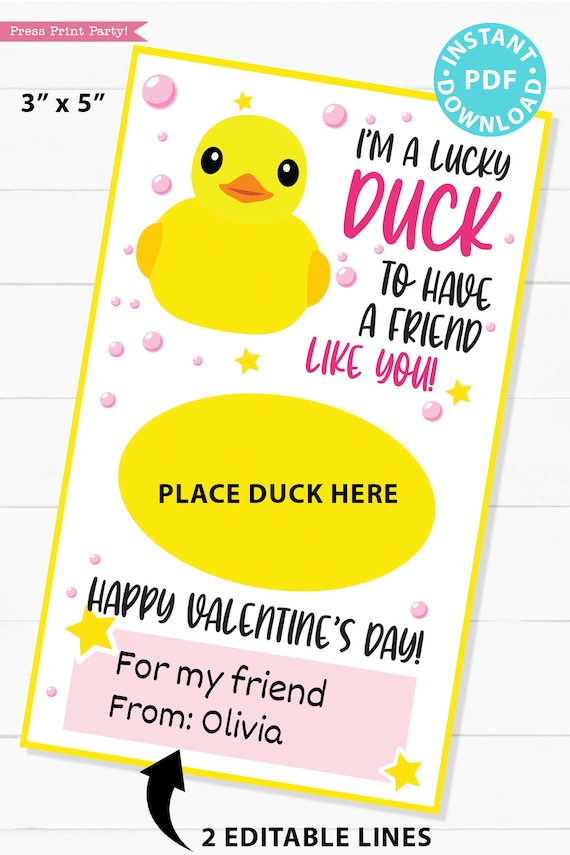 Rubber duck kids valentine card printable im a lucky duck to have a friend like you tag pink for girls for school instant download