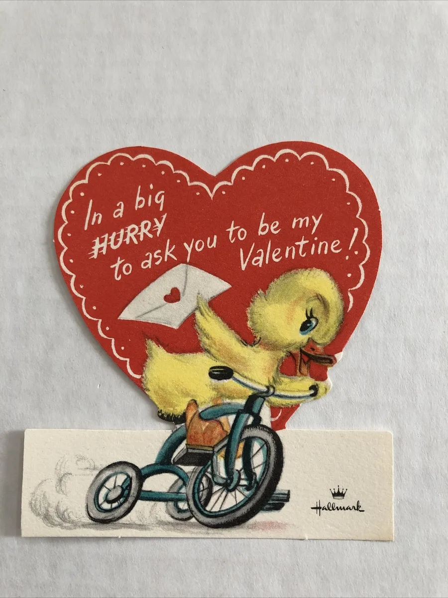 Vtg valentine rd yellow duck blue tricycle hurry s hallmark unused