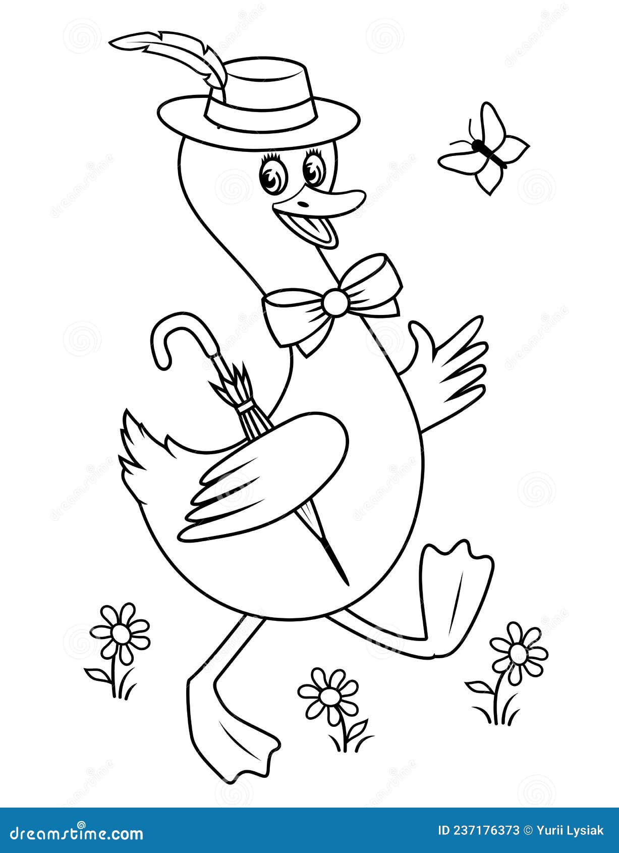 Cartoon duck goose in hat with umbrella coloring page stock vector