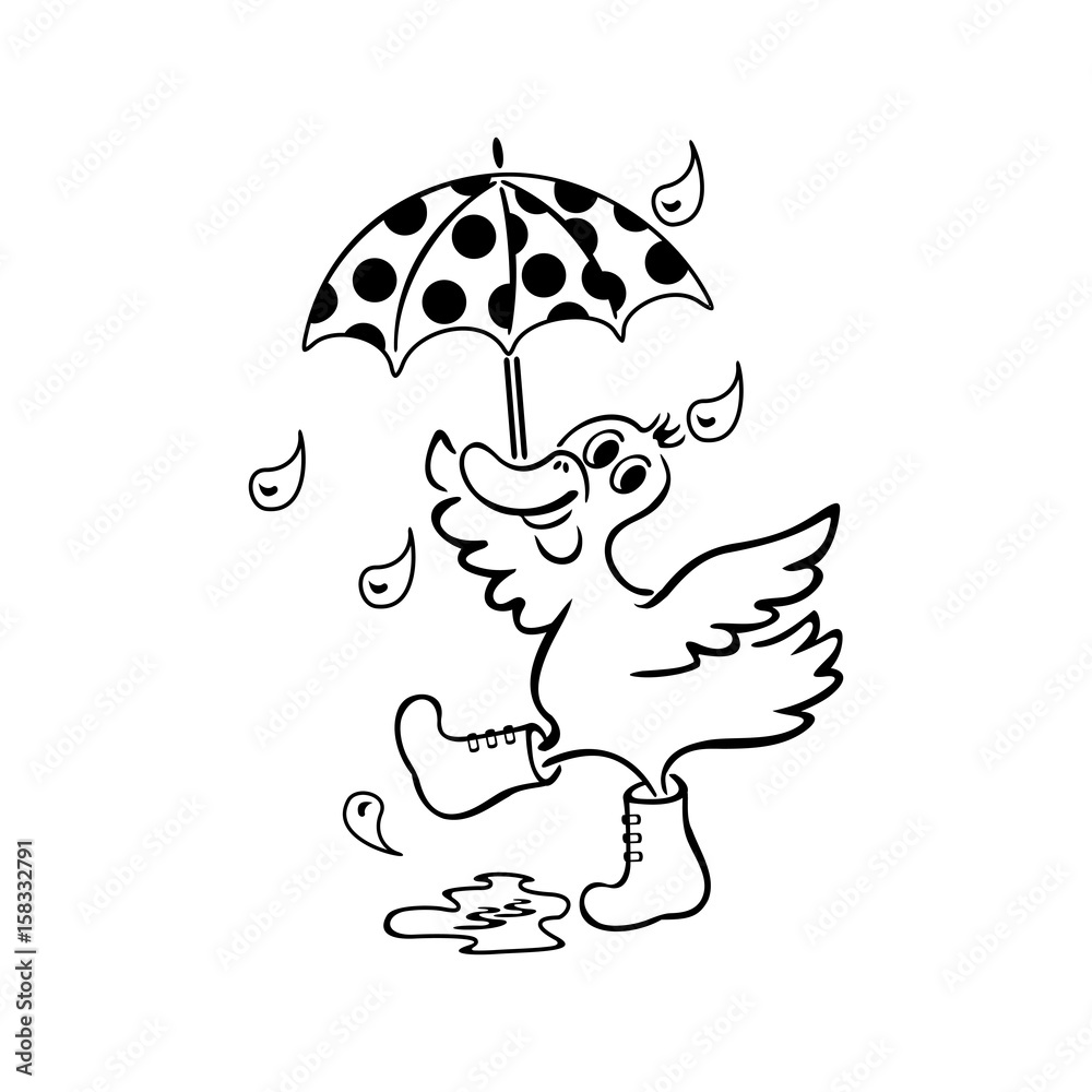 Coloring book duck with an umbrella hand drawn black and white children adults color vector illustration vector