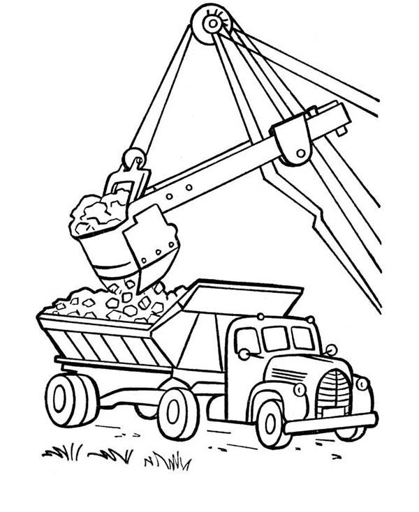 Coloring pages excavator moving coal to a dump truck coloring page