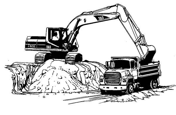 Excavator loading to truck coloring pages