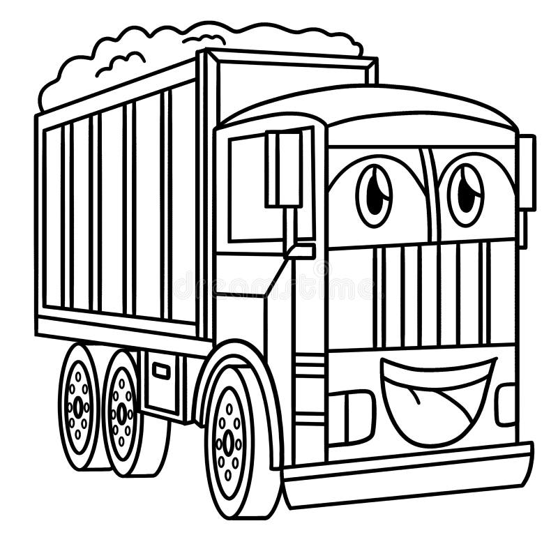 Dump truck with face vehicle coloring page stock vector