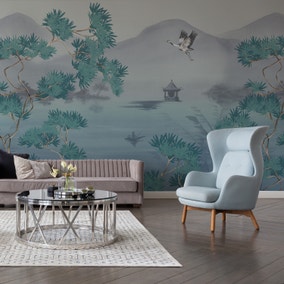 Cranes teal mural wallpaper