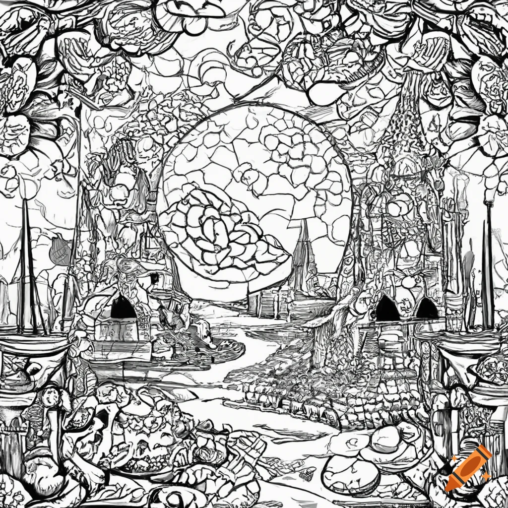 Black and white coloring page inspired by dungeons and dragons on