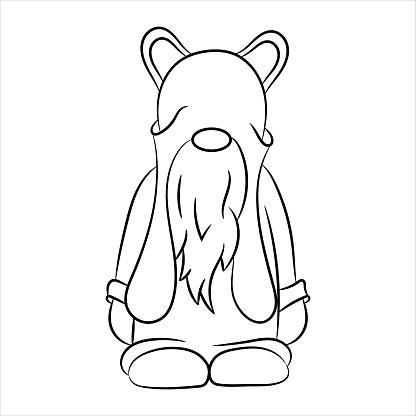 Cute dwarf with a beard and a cute hat with ears on a white background contour drawing for your creativity stock illustration