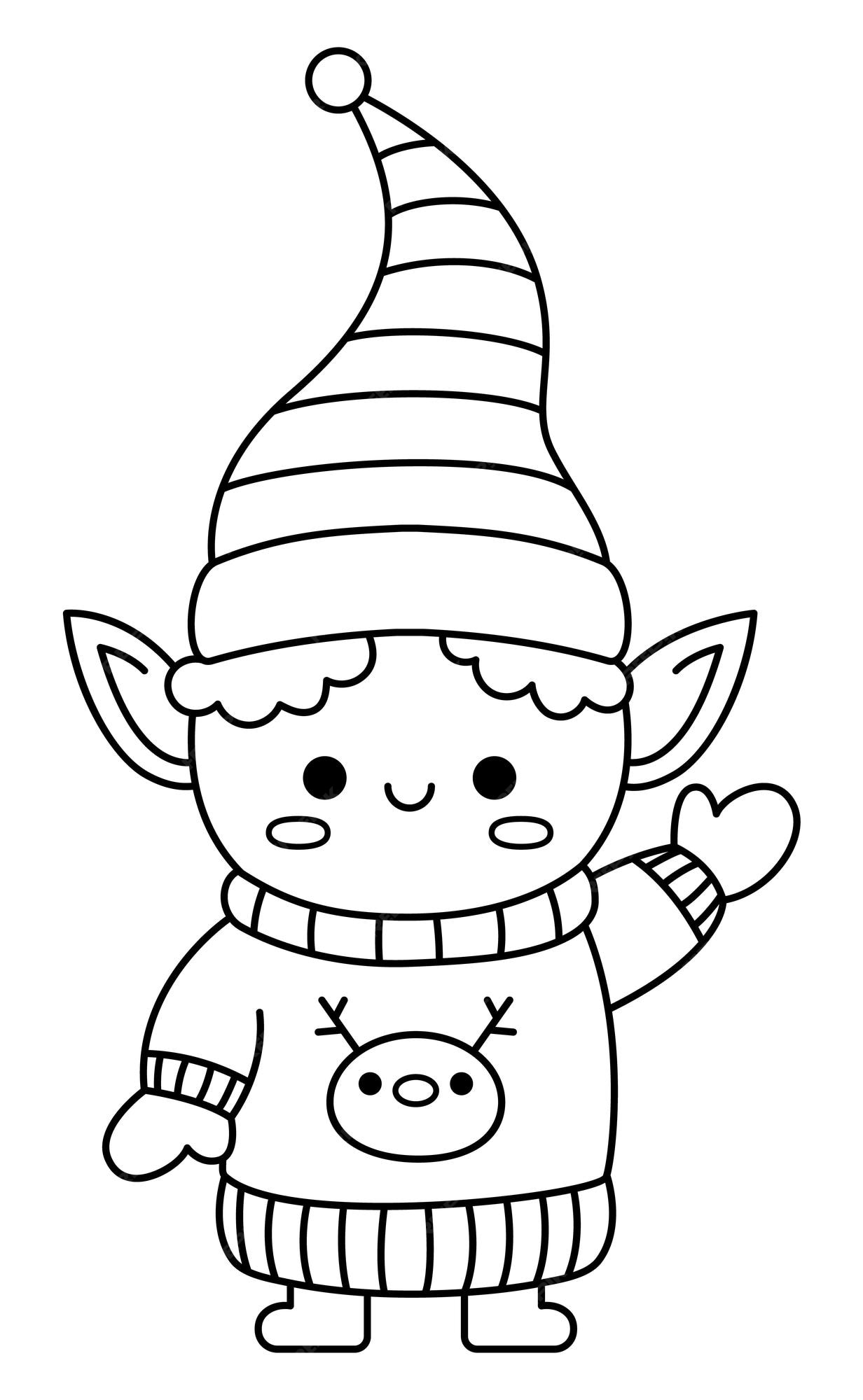 Premium vector vector black and white kawaii elf in hat mittens and sweater cute christmas character illustration isolated on white new year or winter smiling dwarf funny line icon coloring page