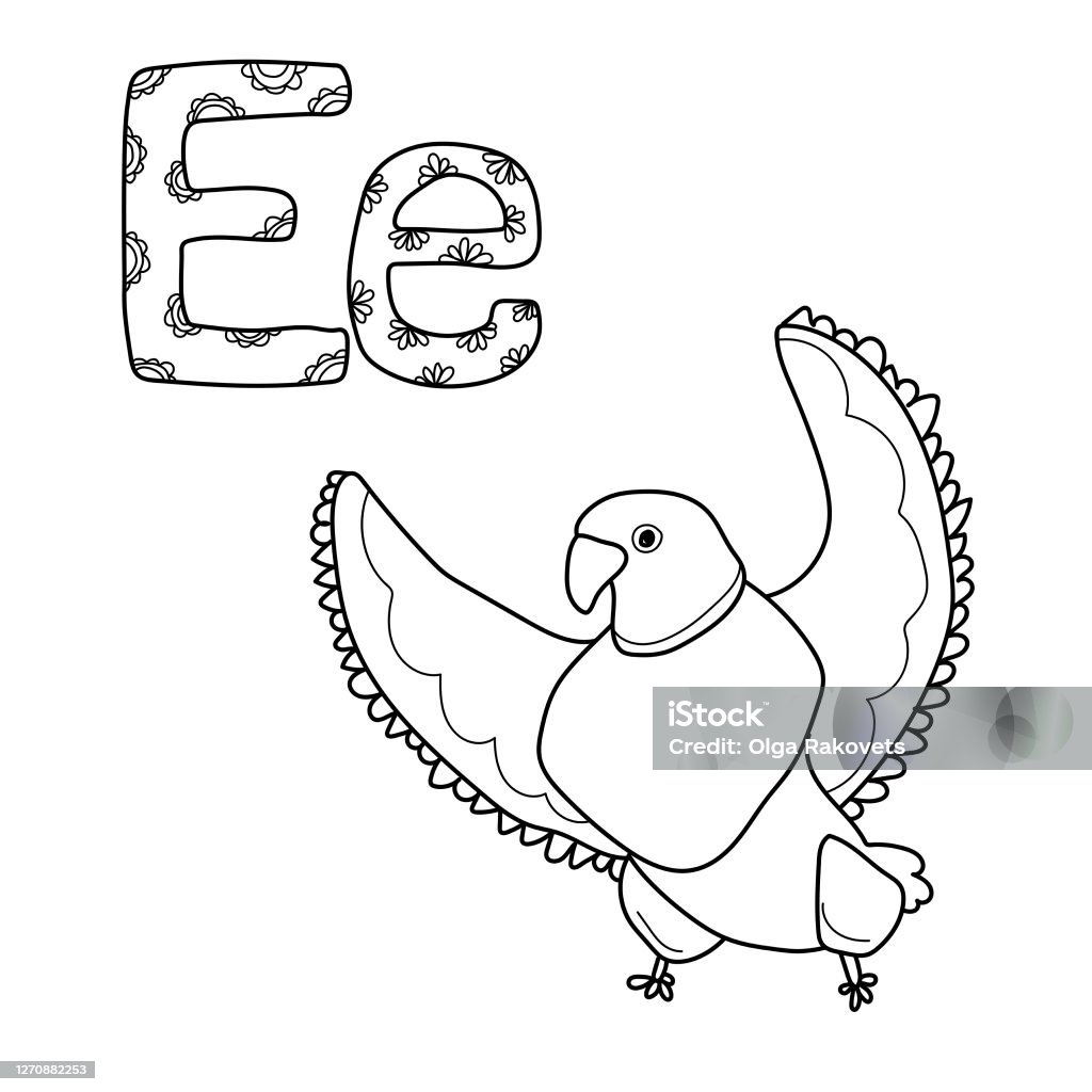 Coloring page for study letter e outline illustration of eagle and volumetric letters with patterns stock illustration