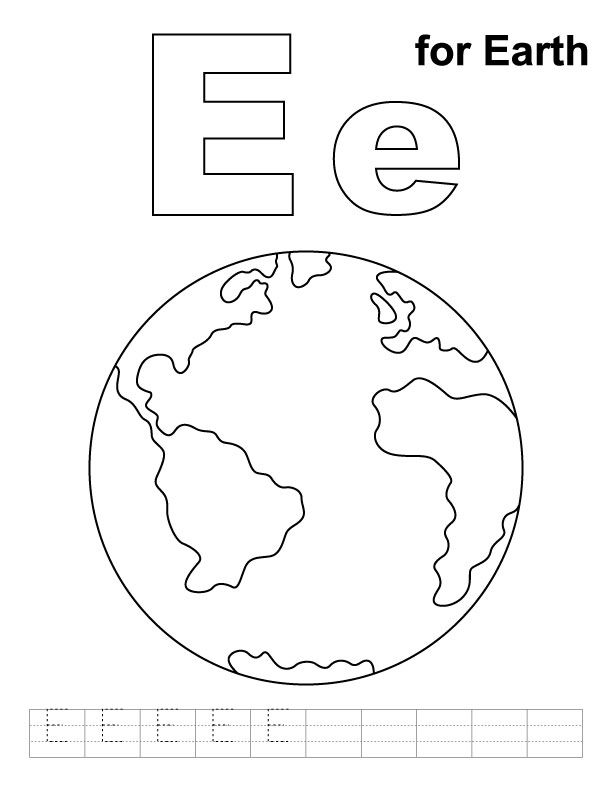 E for earth coloring page with handwriting practice earth day worksheets writing worksheets earth coloring pages