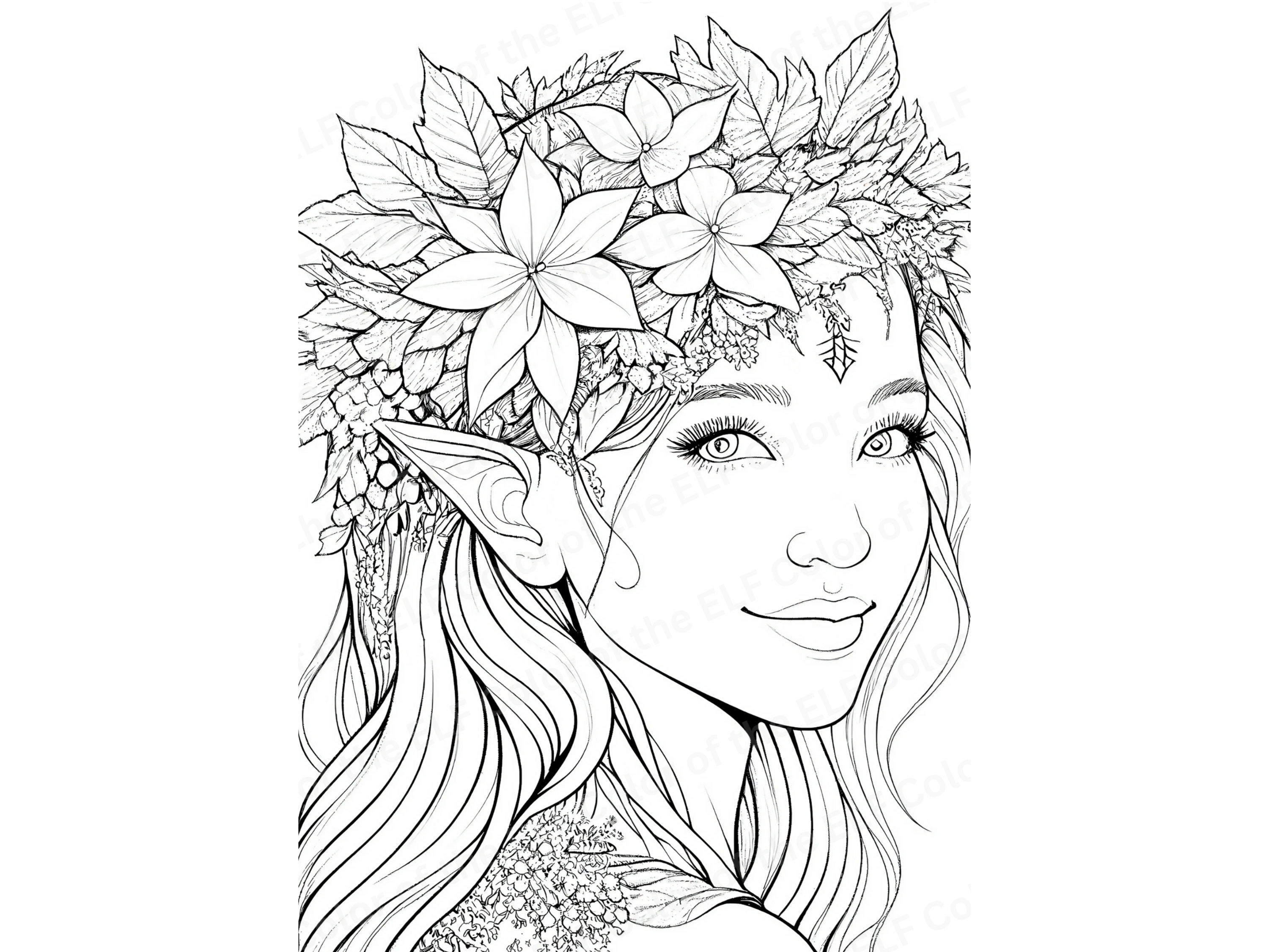 Beautiful floral elf printable adult coloring pages book original illustration to download