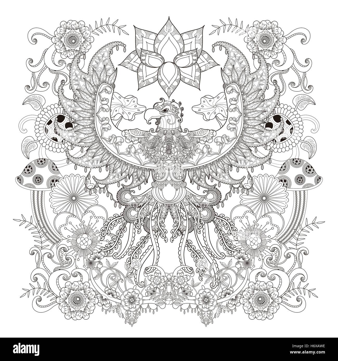 Majestic eagle adult coloring page open wings eagle with floral elements decoration stress relief page for coloring stock vector image art