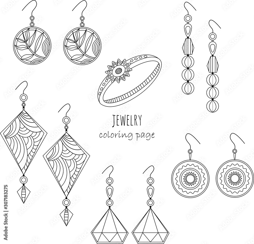 Jewelry earrings rings fashion black and white outline coloring page coloring book detailed coloring illustration vector