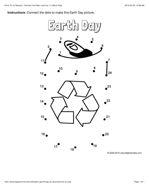 Earth day connect the dots page featuring a recyclable drink tin multiple puzzle options dot to dot puzzle earth day earth day activities dots