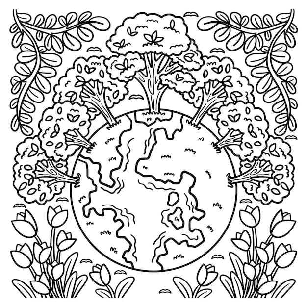 Premium vector earth day trees crowning earth coloring page