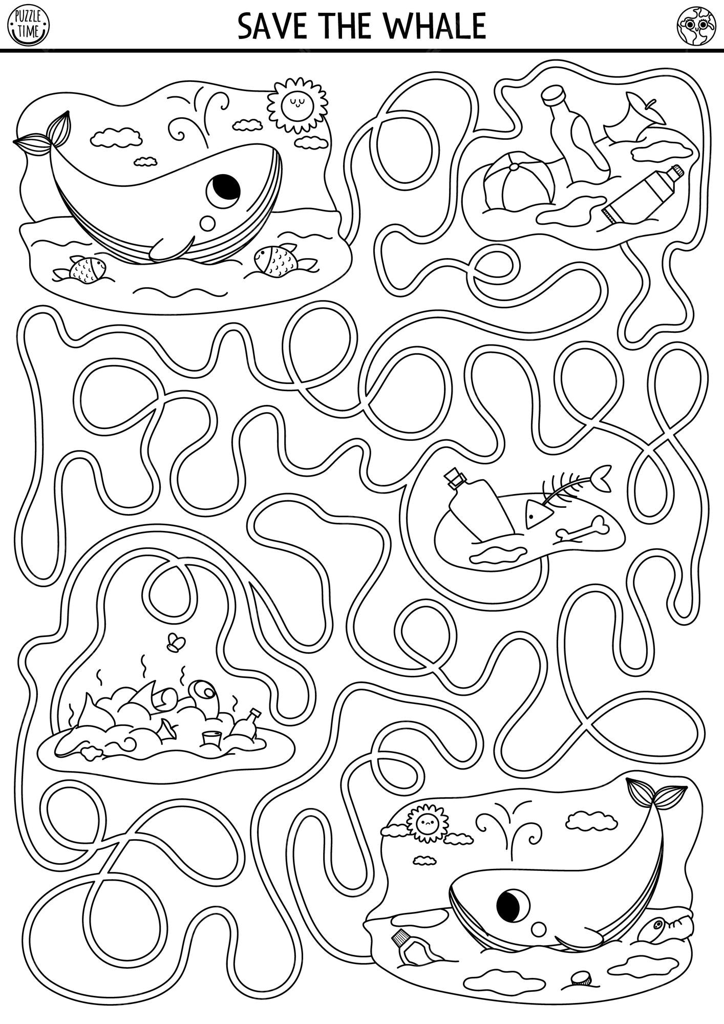Premium vector ecological black and white maze for children with endangered animal concept save the whale game earth day preschool activity eco awareness labyrinth coloring page nature protection printablexa