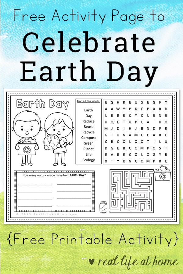 Earth day activity page or placemat for kids free printable