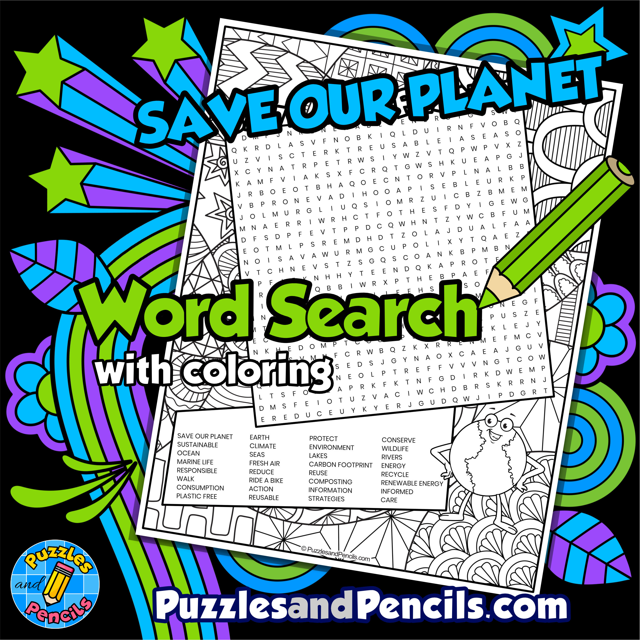 Save our planet word search puzzle with coloring earth day wordsearch made by teachers