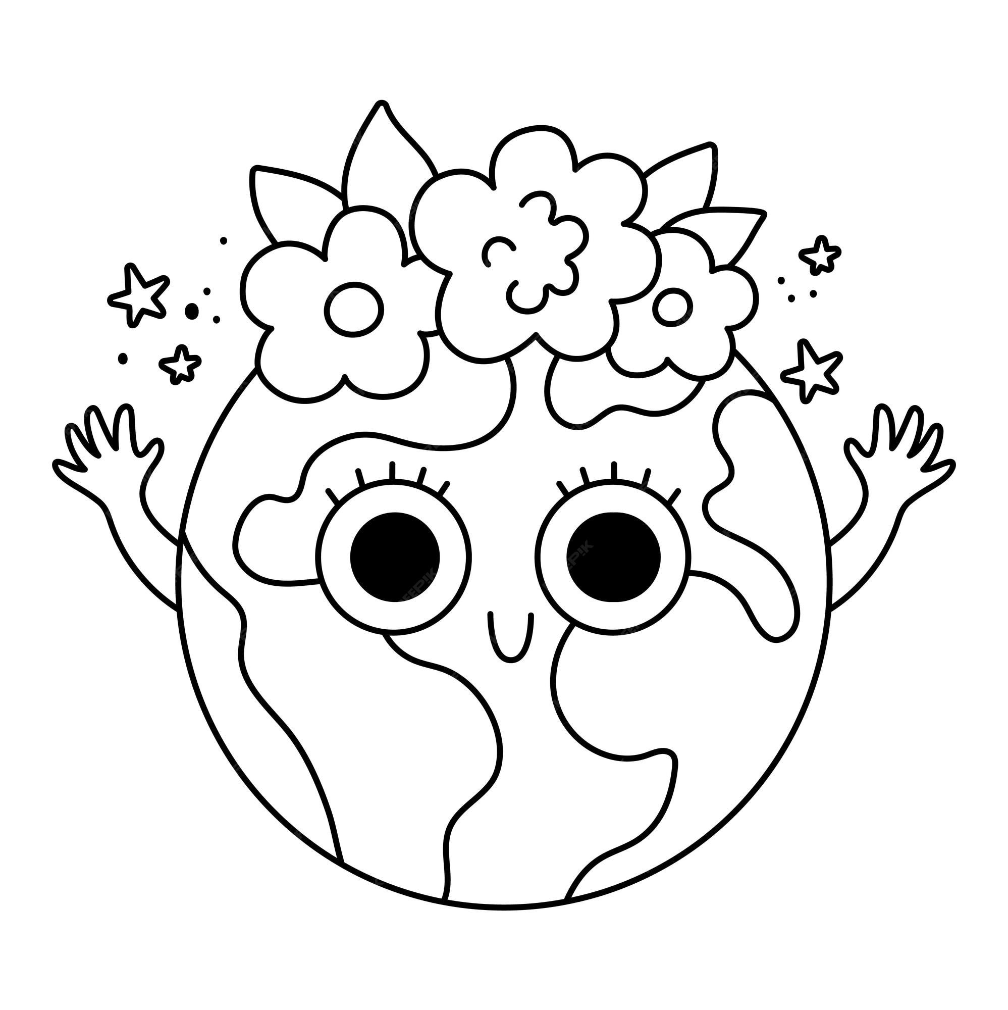 Premium vector vector black and white earth for kids earth day line illustration with cute kawaii smiling planet environment friendly icon with globe and flowers on top ecological coloring page