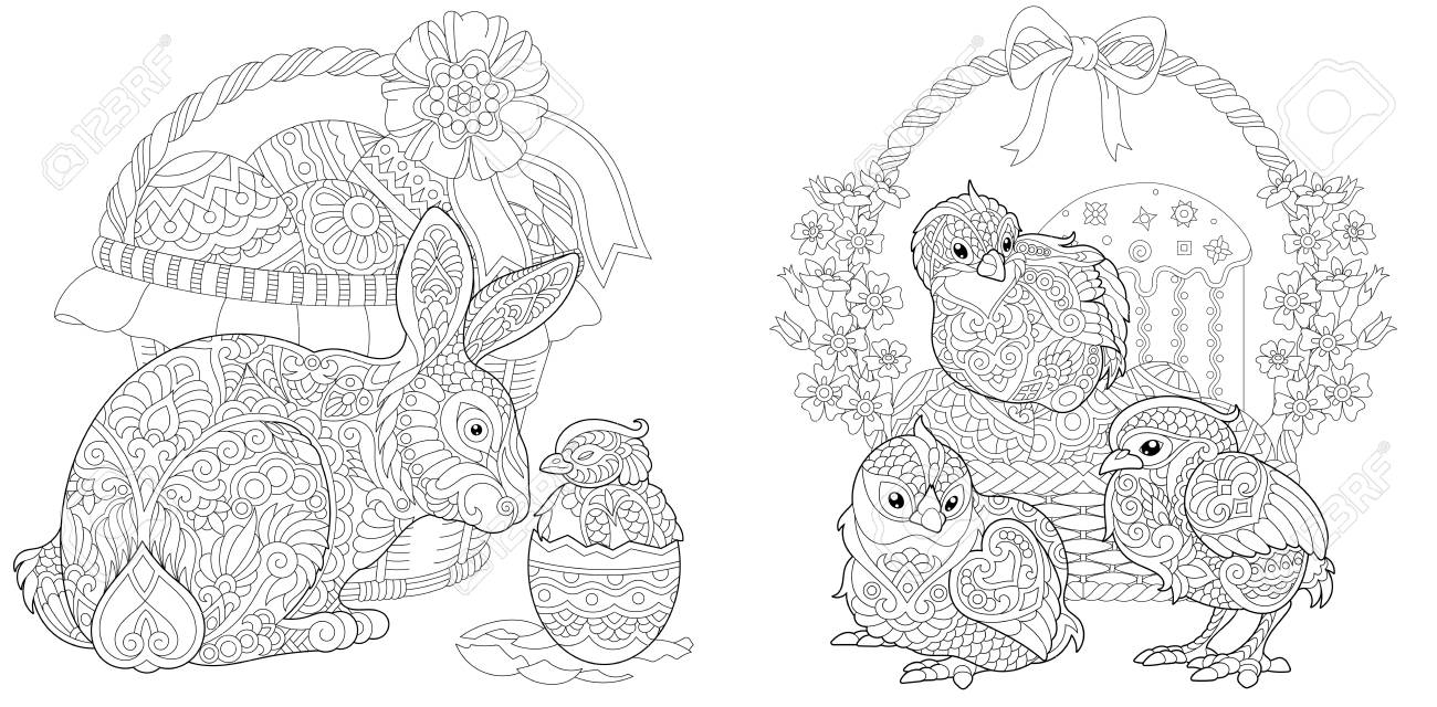 Easter coloring pages coloring book for adults colouring pictures with bunny and chickens drawn in style vector illustration royalty free svg cliparts vectors and stock illustration image