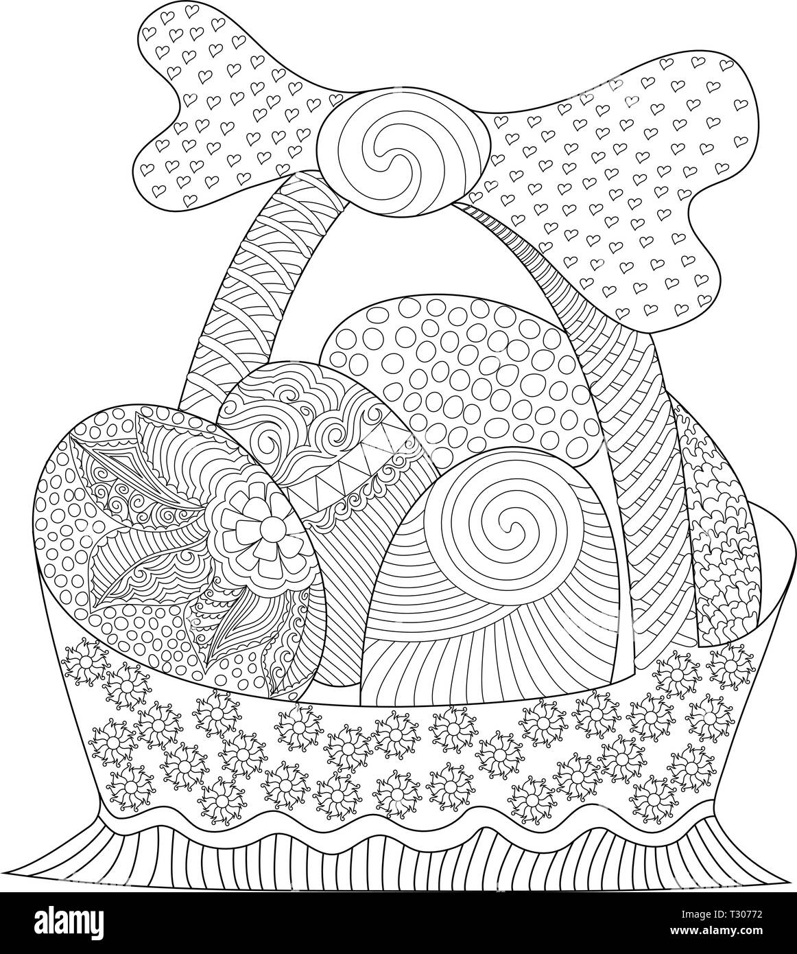 Easter basket with egg in coloring page for adults and kids stock vector image art