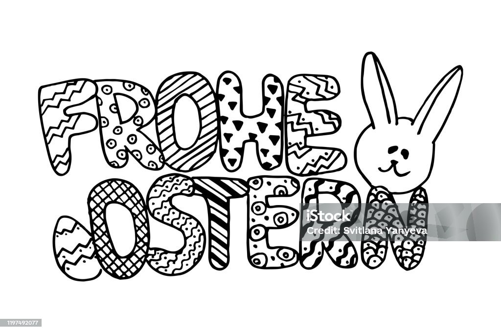 Frohe ostern means happy easter on german language greeting easter card template hand drawn cartoon doodle coloring page stock illustration