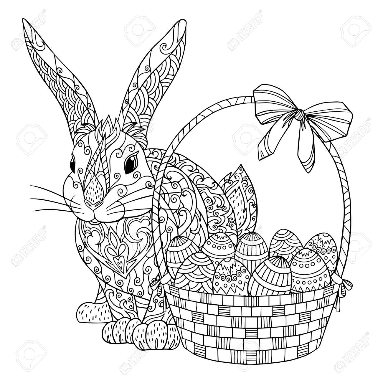 Rabbit with basket and easter eggs coloring page vector illustration of spring bunny coloring book for adults with doodle elements royalty free svg cliparts vectors and stock illustration image