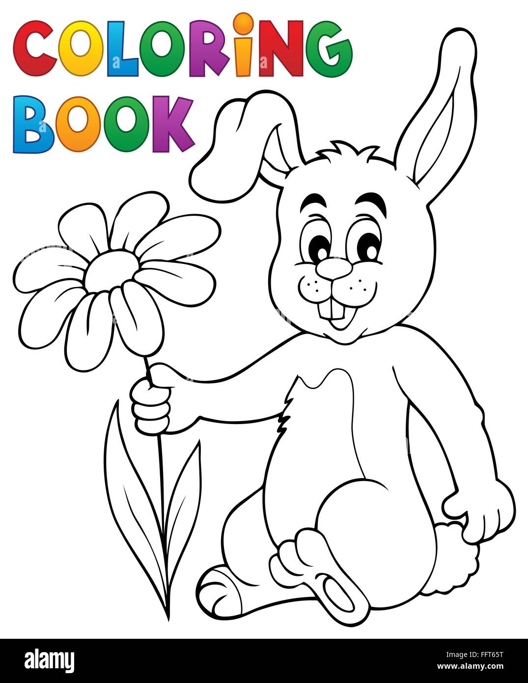 Coloring book easter bunny with flower stock photo