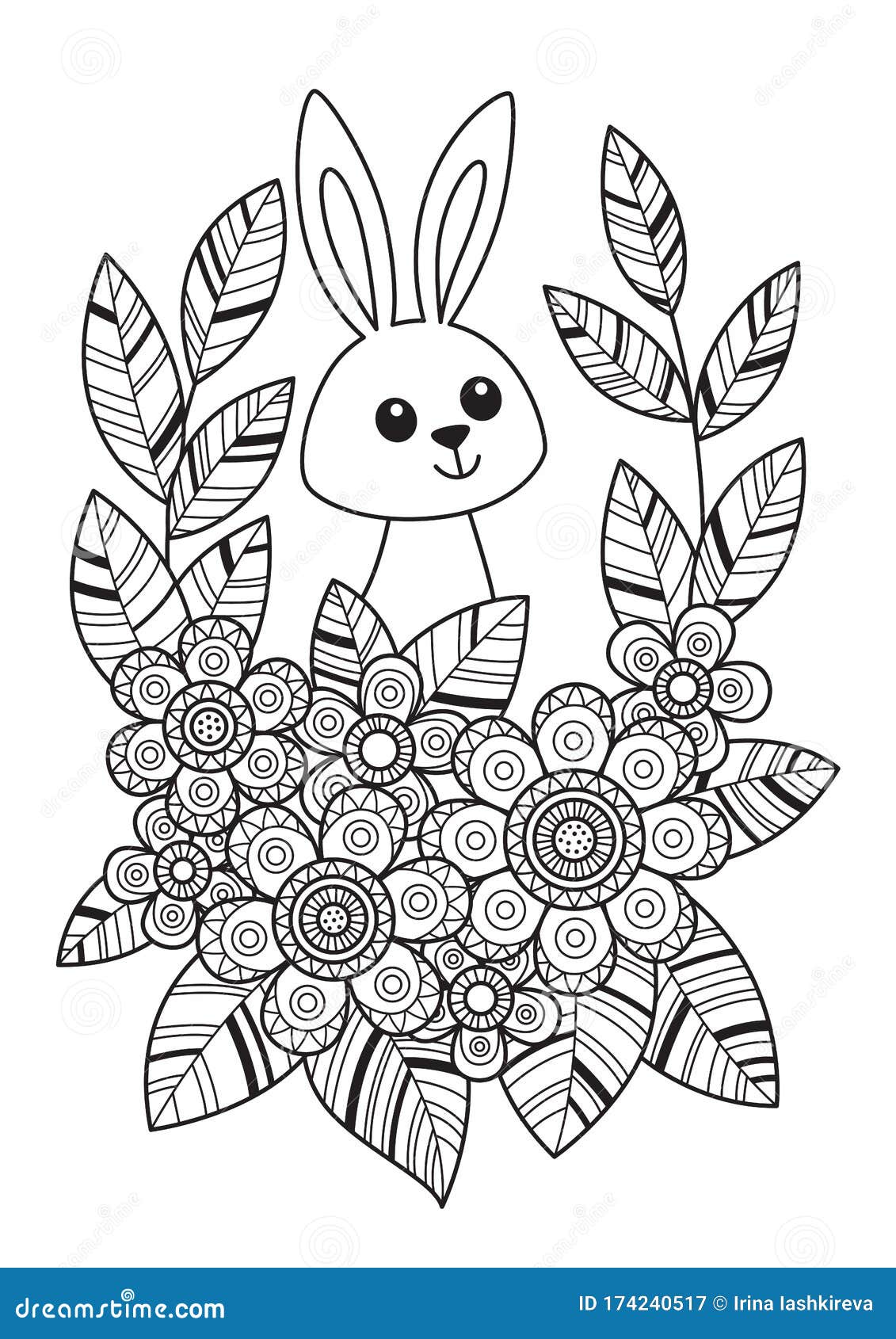 Cute easter bunny in flowers doodle coloring book page hand drawn black and white sketch stock illustration