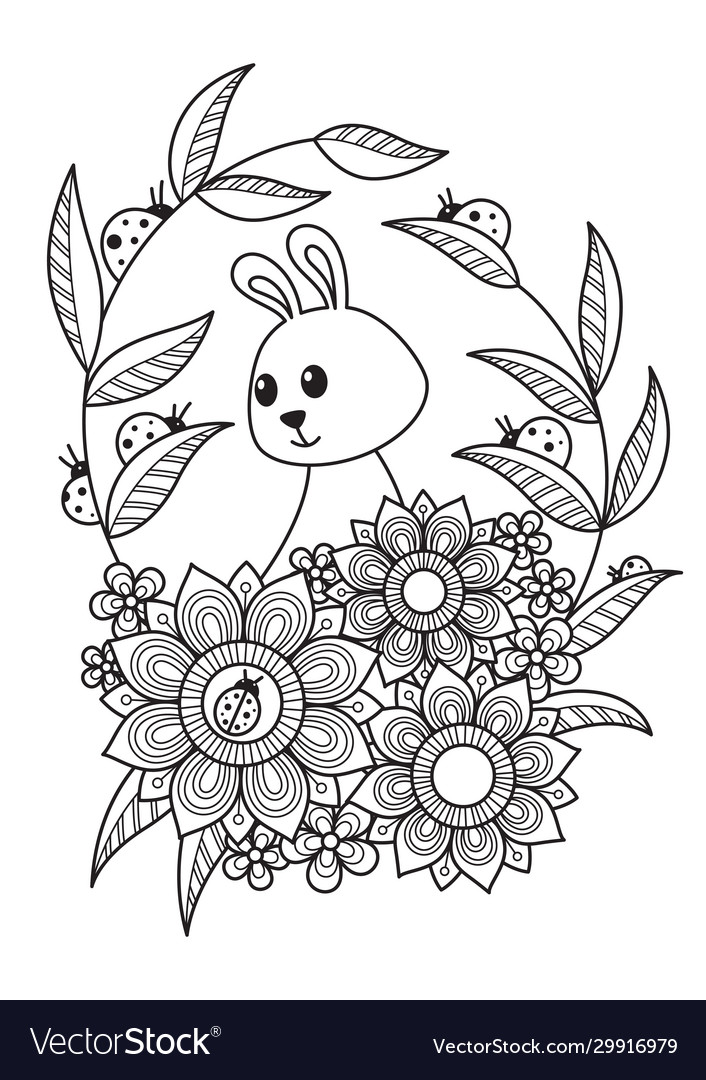 Cute easter bunny in flowers doodle coloring book vector image