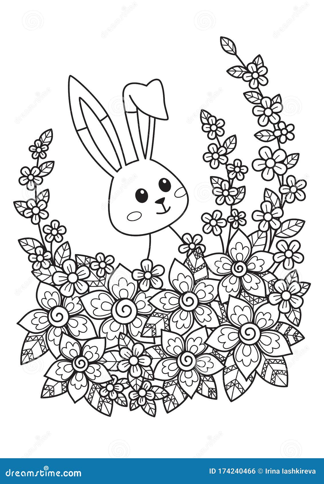 Cute easter bunny in flowers doodle coloring book page hand drawn black and white sketch stock illustration