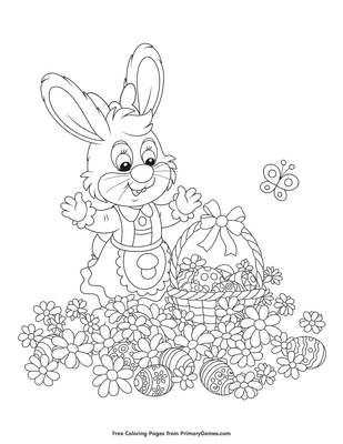 Rabbit with easter basket and flowers coloring page â free printable pdf from