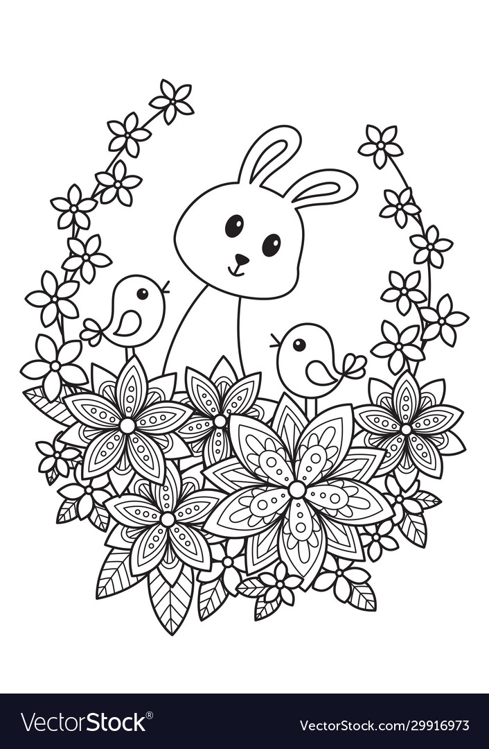 Cute easter bunny in flowers doodle coloring book vector image